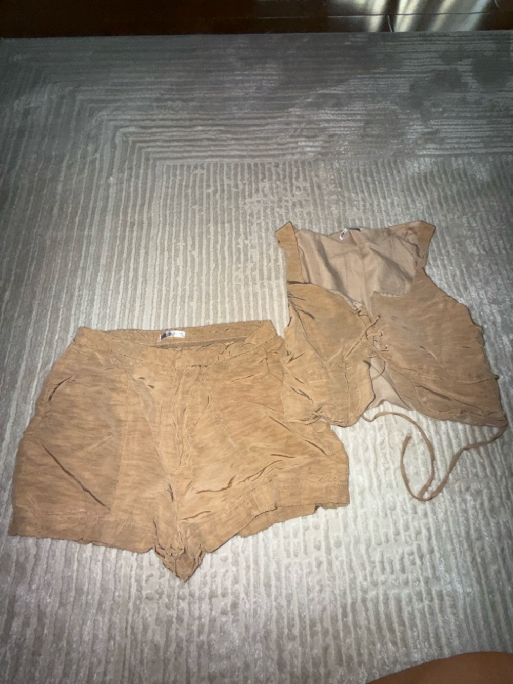 Zara Tan Two-Piece Linen Tie-Front Vest and Shorts Set
